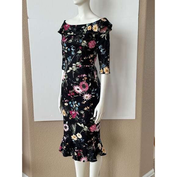 NWT Joe Brown's Women's Dress Black Floral Sz 2 Pencil Off Shoulder Collared - Picture 9 of 9